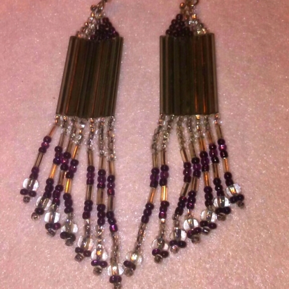 Handmade Seed Bead Dangler Earrings. Purple & Silver.